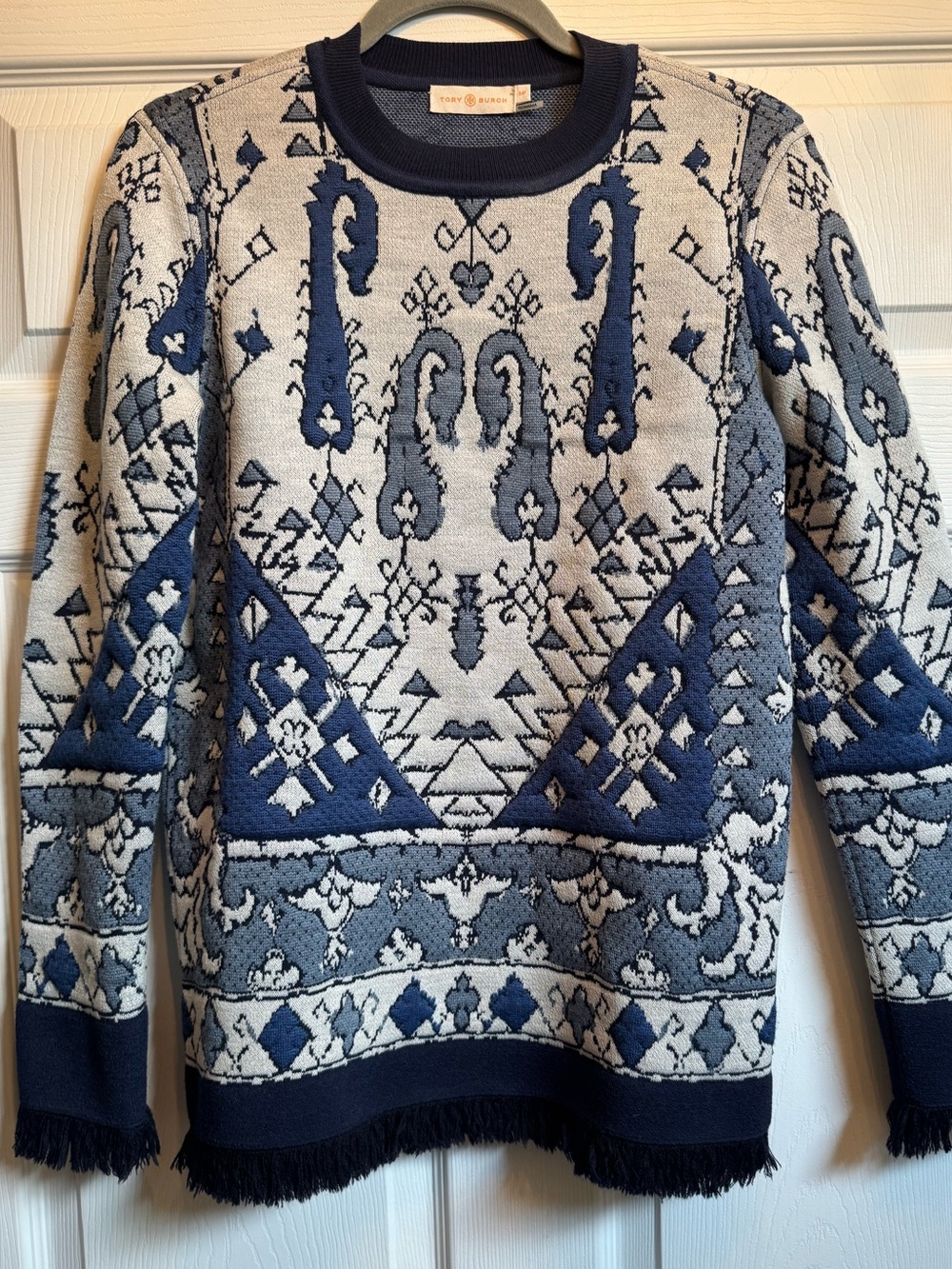 Tory Burch Navy and Cream Geometric Jacquard Crewneck Sweater